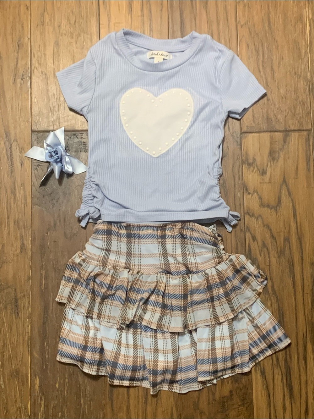 Light Blue Heart Ribbed Tee & Plaid Ruffle Skirt Set